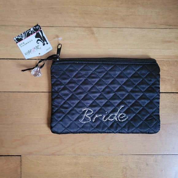 New With Tags Black Quilted Rhinestone Bride Clutch / Makeup Bag - Picture 6 of 6